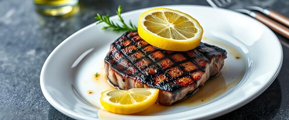 Grilled shark steak on a white plate, garnished with lemon, gourmet, sea