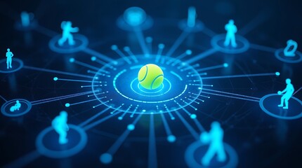 A tennis ball is shown at the center of a network connecting various tennis players