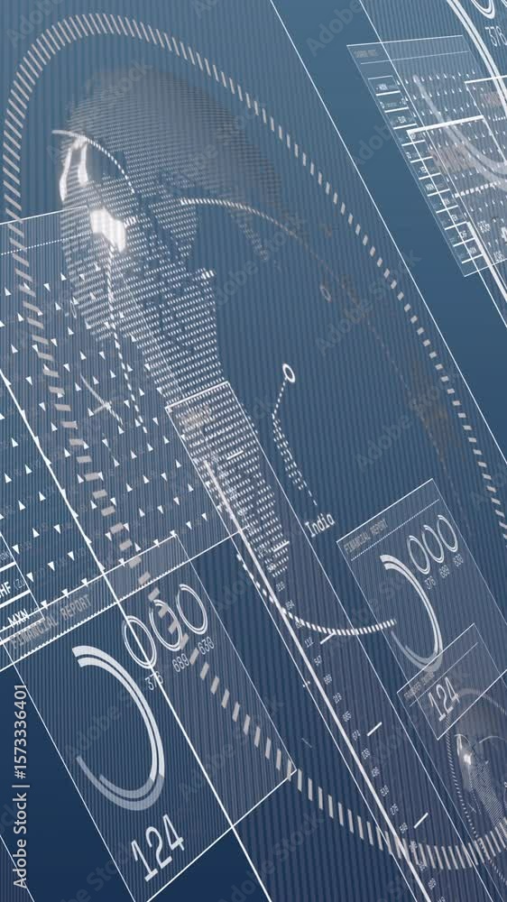 Poster animation of screens with data processing over blue background