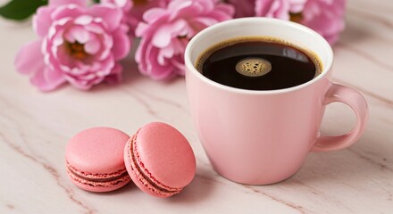 Pink coffee cup accompanied by macarons and roses on a marble surface creating soft aesthetic