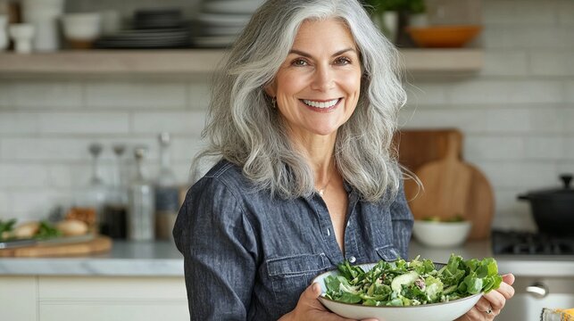 Confident Senior Woman Prepares Healthy Salad in Modern Kitchen