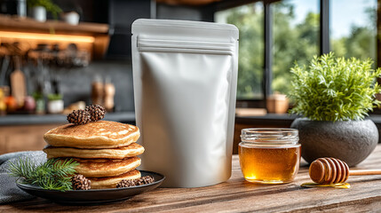Stack of pancakes with honey jar and empty packaging in kitchen  
