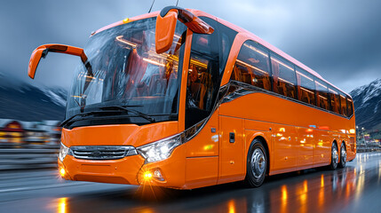 Bright orange bus parked near mountains on a rainy evening  