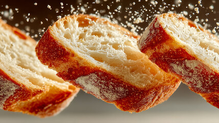 Slices of fresh bread with powdered sugar flying in the air  