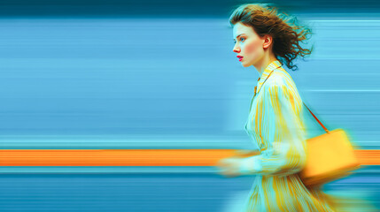 Stylish woman running with bag in motion against blue background  