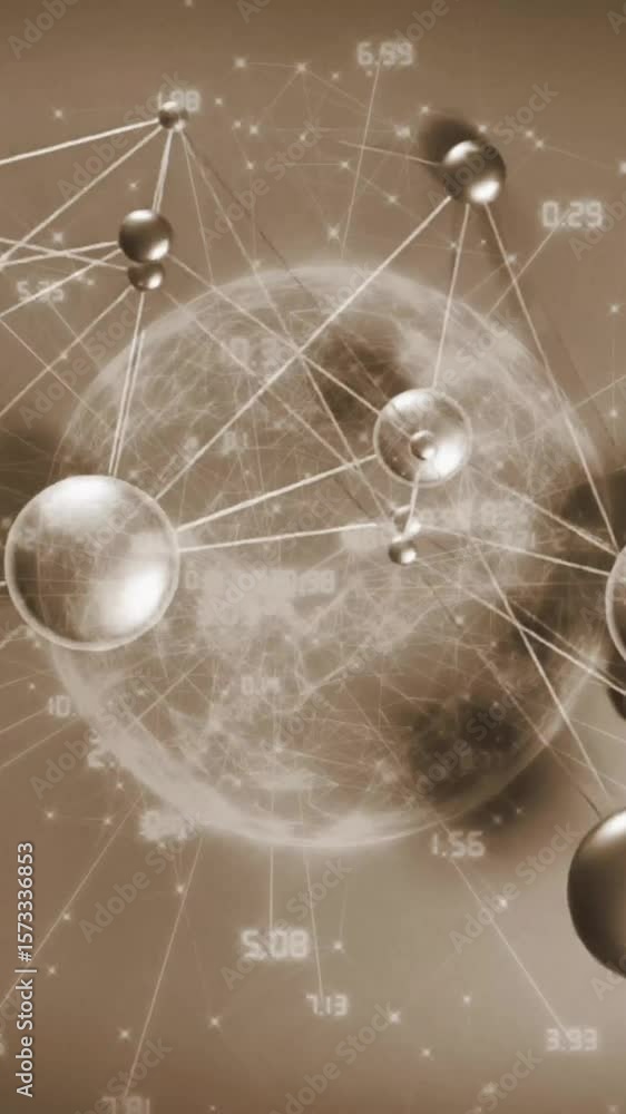 Poster animation of globe with data processing over network of connections on grey background
