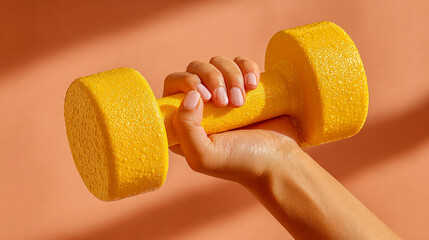 Hand holding yellow dumbbell against orange background  