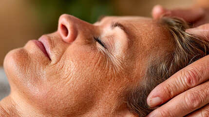 Relaxed elderly woman receiving a facial massage in wellness spa  
