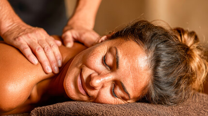 Woman enjoying a massage with hands on her shoulders indoors  