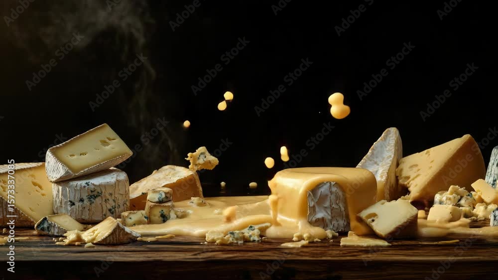 Aufkleber exploding cheese on a wooden surface with various types of cheese.