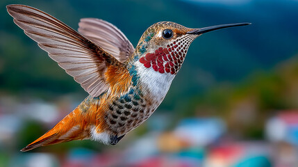 Colorful hummingbird hovering in the air with blurred background  