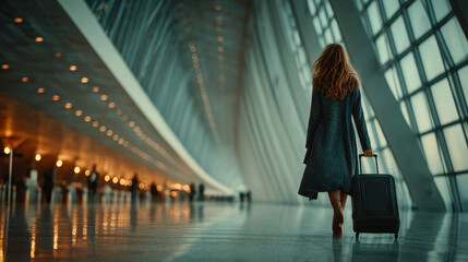 Young woman walking with suitcase in modern airport terminal  