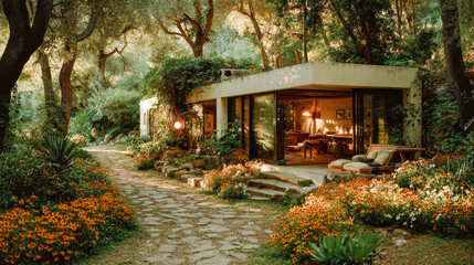 Modern house surrounded by lush garden and stone pathway  