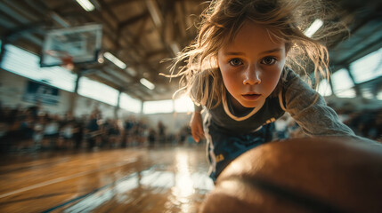 Young girl reaching for basketball on court during game  