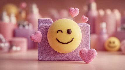 Cute smiley face in pink camera design surrounded by cosmetics  