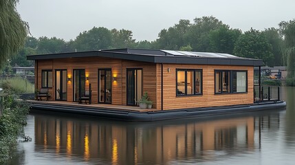 Modern wooden houseboat on a tranquil waterway.