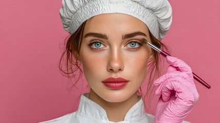 Young woman applying makeup with brush while wearing gloves and apron  