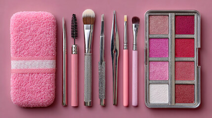Makeup tools and palette arranged on a pink background  
