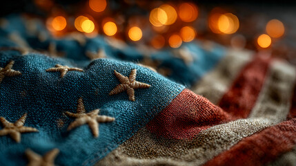 Vintage American flag draped with warm bokeh lights in background  