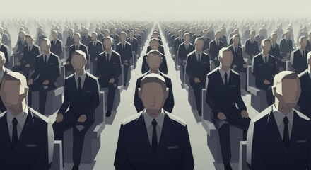 Uniformity in a Crowd - A vast assembly of identically dressed individuals seated in rows, creating a striking visual representation of conformity and collective identity