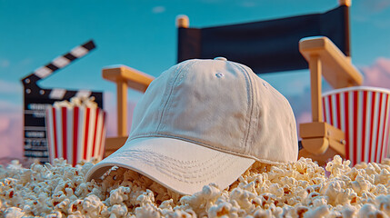 Movie night essentials with popcorn and director's chair on set  