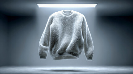 Sweater floating in modern display with soft lighting and shadows  