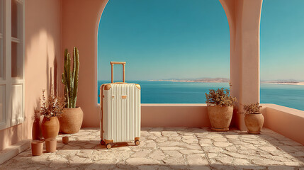 Stylish luggage placed on a terrace overlooking the sea 