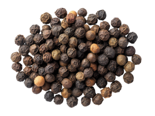Pile of black peppercorns forming a mound on transparent background
