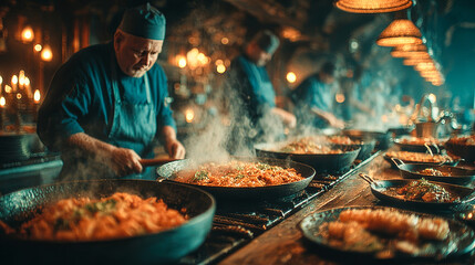 Chef cooking pasta in a bustling kitchen with steaming pots  