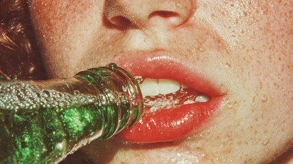 Young woman drinking soda from glass bottle with freckles  