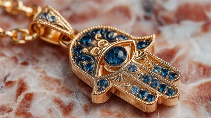 Golden hand pendant with blue gemstones on textured stone background  