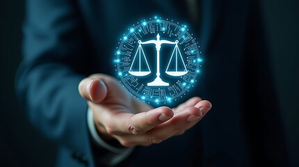 A hand holds a glowing scales of justice symbol