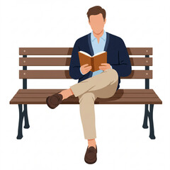 Man sitting on a park bench, cross-legged, reading a book. He is wearing casual attire.