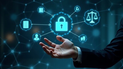Male hand presenting a digital lock, representing data security