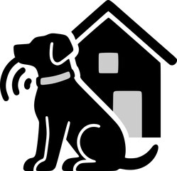 A simple vector illustration of a loyal dog sitting in front of a house with a smart collar, symbolizing smart home security, silhouette