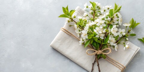 Elegant Flat Lay of White Cherry Blossoms Wrapped on Gray Background