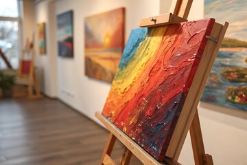 Textured Abstract Painting on Easel in Bright Art Gallery