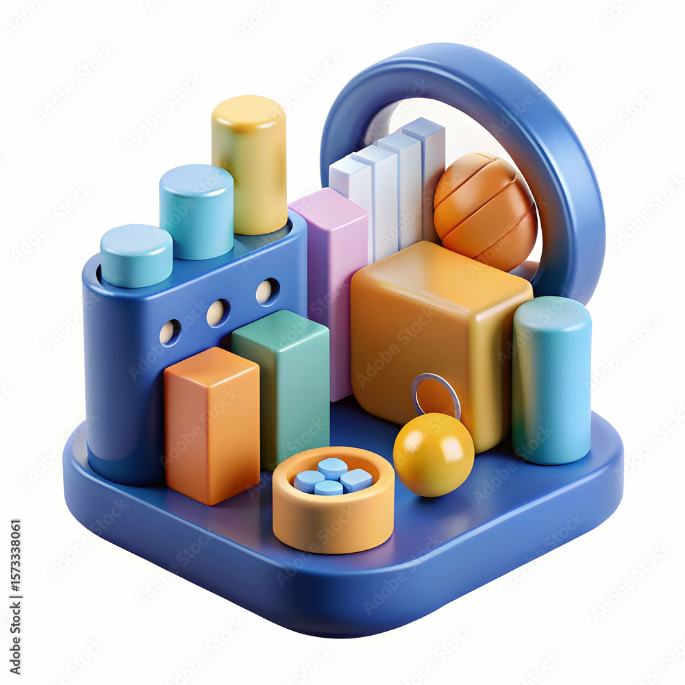 Poster 3d rendered colorful geometric shapes arranged in ascending order on white background image