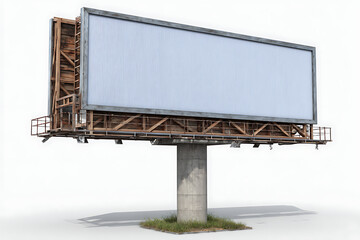 Obraz premium Large Blank Billboard Rustic Wooden Structure Grey Metal Frame Concrete Support Outdoor Advertising Sign Empty Panel White Background