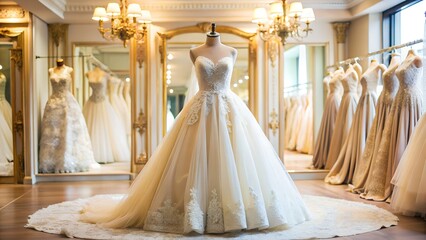 A beautiful wedding dress displayed in a luxurious bridal boutique