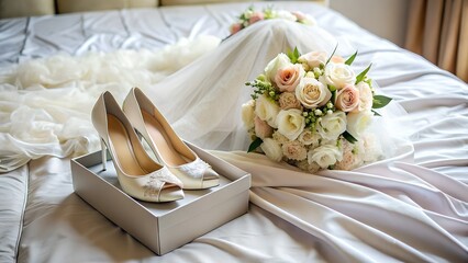 Wedding shoes, bouquet, and dress laid out on a bed in preparation