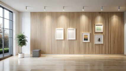 A modern room with wooden walls, art frames, and a large window