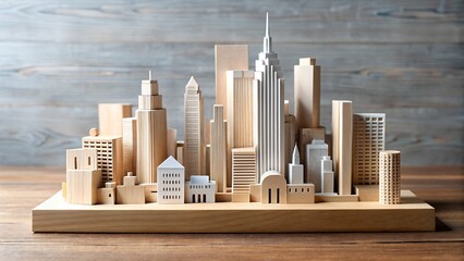 A wooden city model showcasing architectural design and urban planning