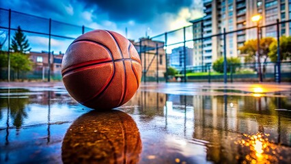 A basketball reflects on a wet court after the rain