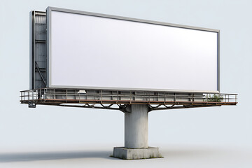 Obraz premium Large Blank White Billboard on Grey Metal Structure with Concrete Support and Sparse Vegetation advertising