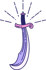 illustration of a traditional tattoo style scimitar sword in bright neon color