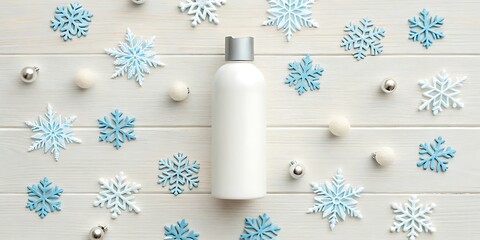 Minimalist White Skincare Bottle with Winter Snowflakes Flat Lay