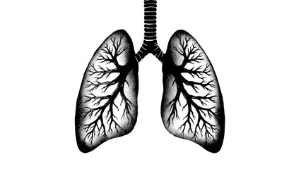 Anatomical illustration of human lungs with trachea, depicted in black and white.