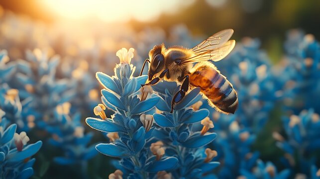 Honeybee pollinating a vibrant blue flower.