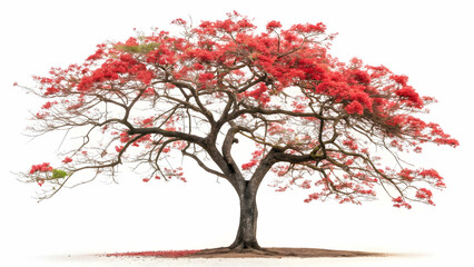 Obraz premium Large tree with vibrant red flowers and bare branches isolated on a white background image